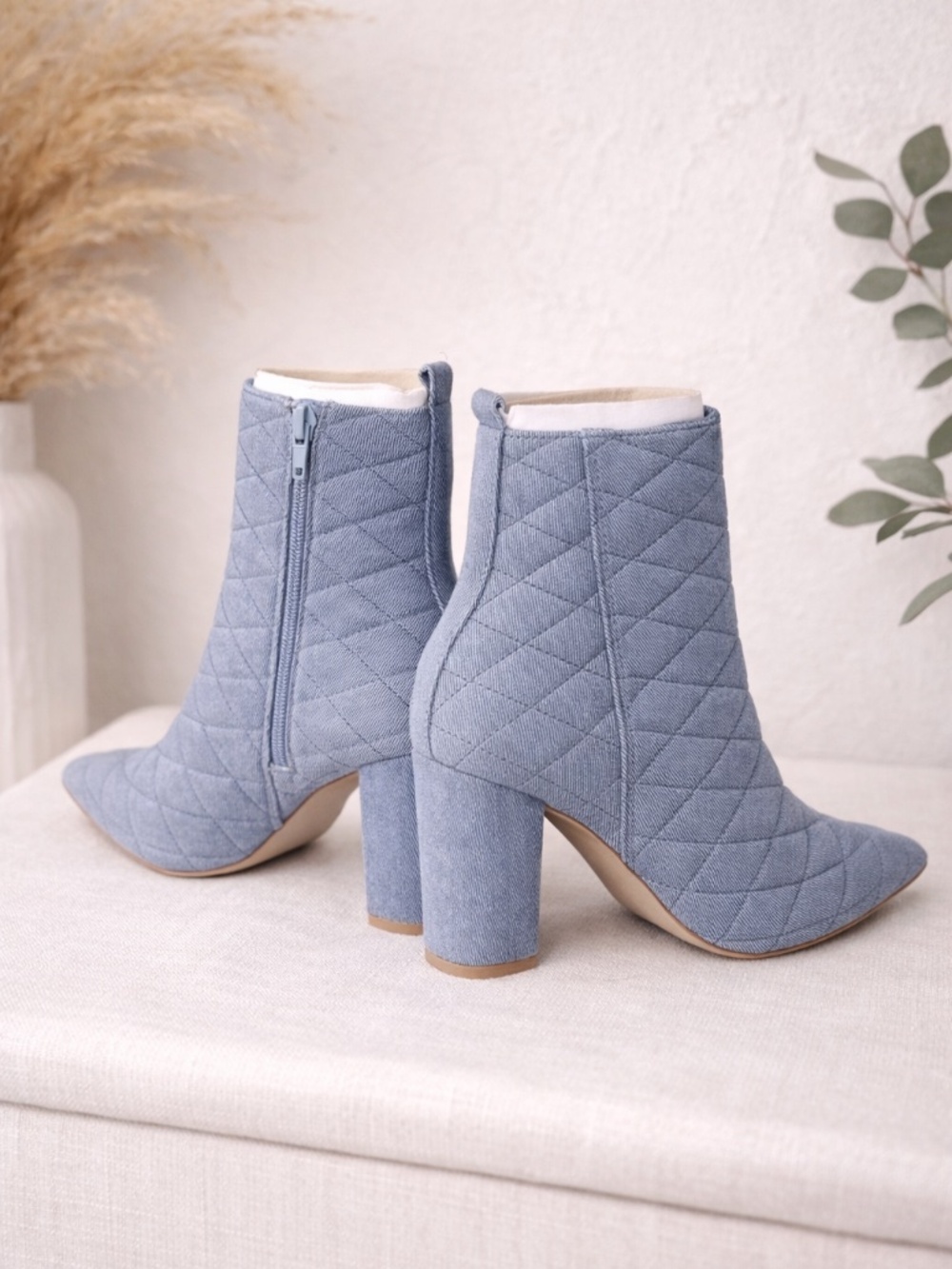 Denim Chunky Heel Quilted Bootie